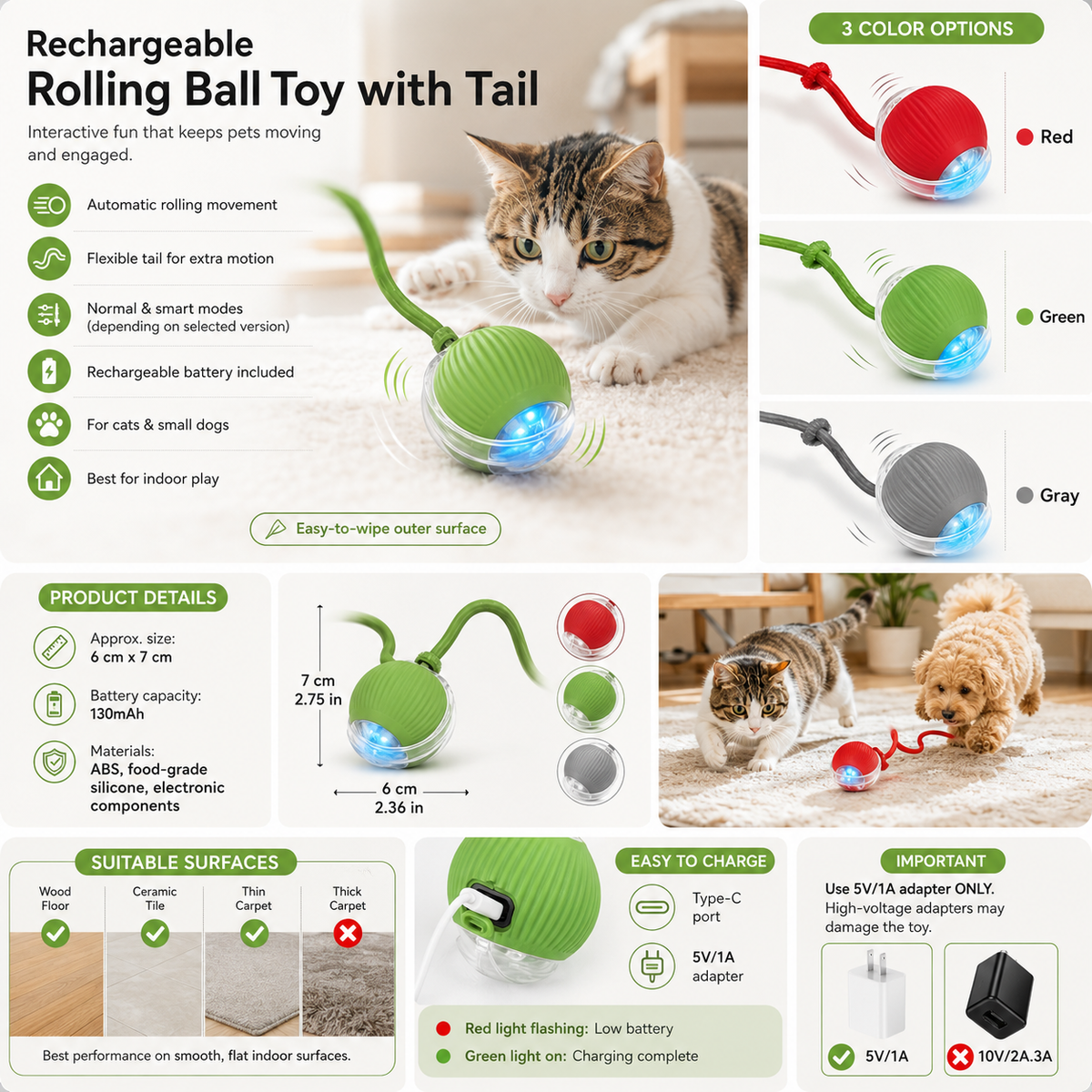 Rechargeable Interactive Cat Ball with Tail